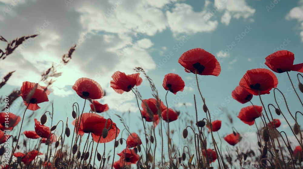Aufkleber A cluster of red poppies in a meadow under a partly cloudy sky, low-angle shot, Dynamic style
