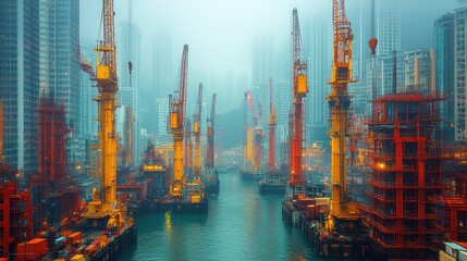 Construction cranes in a foggy urban setting.