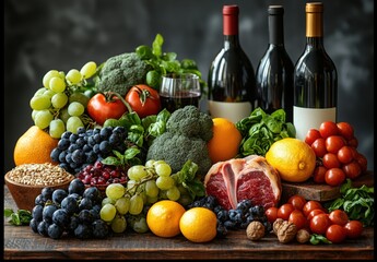 A vibrant still life showcasing fresh produce, including grapes, broccoli, tomatoes, oranges, and a cut of lamb, alongside three bottles of red wine and a glass of red wine.  Perfect for healthy eatin