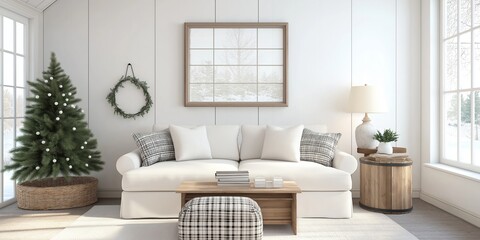 Mockup frame in farmhouse living room interior, 3d render