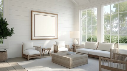 Fototapeta premium Mockup frame in farmhouse living room interior, 3d render