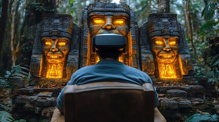 Man in VR headset exploring ancient Mayan ruins in a lush jungle.