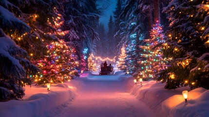 A magical winter forest clearing with twinkling Christmas lights on the trees and a sleigh waiting by the snow-covered path.