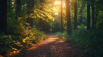Fototapeta premium Sunlit Path Through A Lush Green Forest