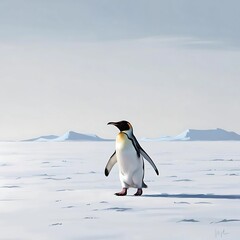 Fototapeta premium A minimalist view of a penguin walking across a snowy plain, with faint mountain outlines in the distance.