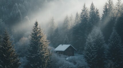 Naklejka premium Cozy Snow Covered Cabin Amidst Majestic Tall Pine Trees