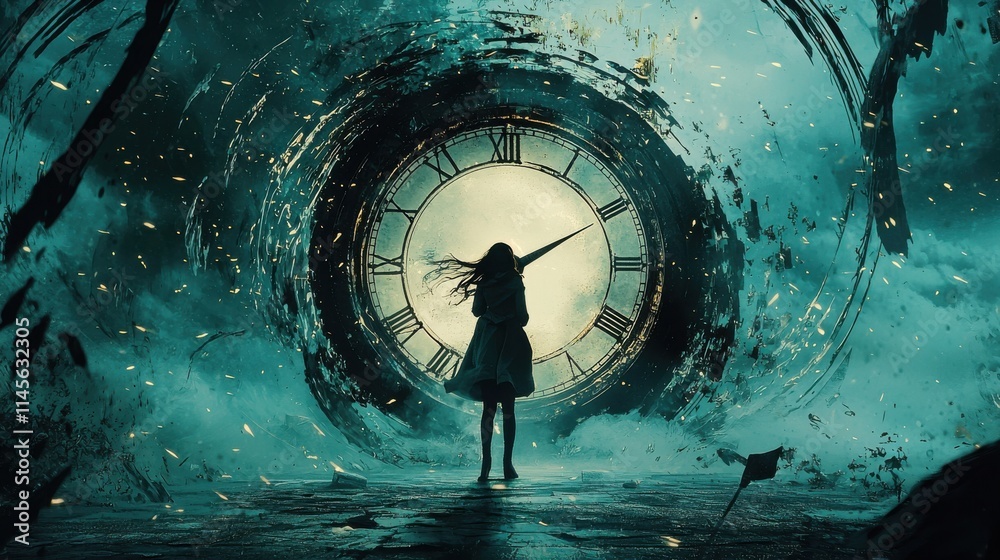 Leinwandbilder Dynamic clock hands spinning forward as a figure steps into time surreal setting digital art enigmatic atmosphere perspective on time and transformation