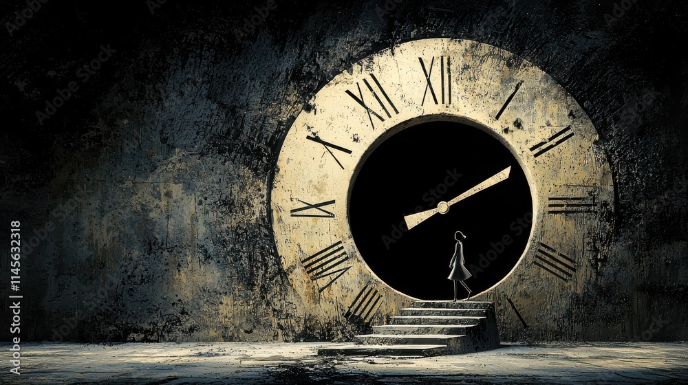 Aufkleber Spinning clock hands indicate time passage as figure steps forward surreal setting digital artwork dreamlike environment conceptual viewpoint