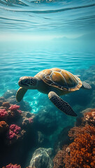 Obraz premium A turtle with a moss-covered shell gliding through a tranquil crystal-clear lagoon surrounded by glowing coral. 