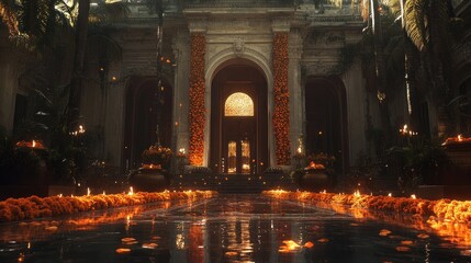 Fototapeta premium Illuminated courtyard with marigold flowers and candles at night.