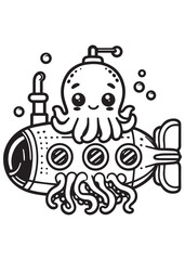 coloring book page cute octopus with submarine 