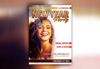 New Year Party Flyer or Poster  with Cheerful Woman Portrait and Event Details.