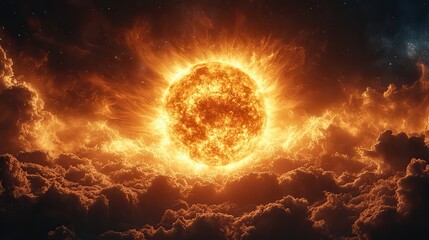 Obraz premium A fiery sun in space with a dark background evokes adventure, exploration, and the wonders of the universe, perfect for astrology and astronomy enthusiasts.