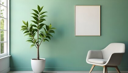Fototapeta premium A potted plant with olive-colored leaves against a mint green wall, with a blank white canvas hanging on the wall