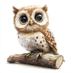 Fototapeta premium Charming tiny baby owl with oversized eyes perched on log nature setting wildlife photography cute concept