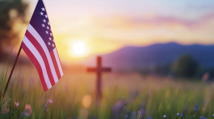 serene sunset scene featuring American flag and cross in grassy field, symbolizing patriotism and remembrance. warm colors evoke sense of peace and reflection