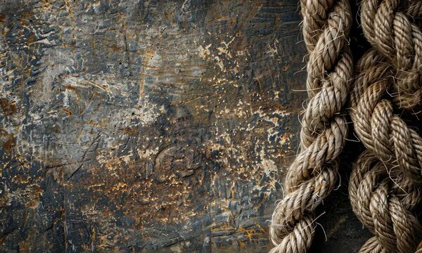 Durable, thick ropes coiled on rustic wooden surface with visible texture