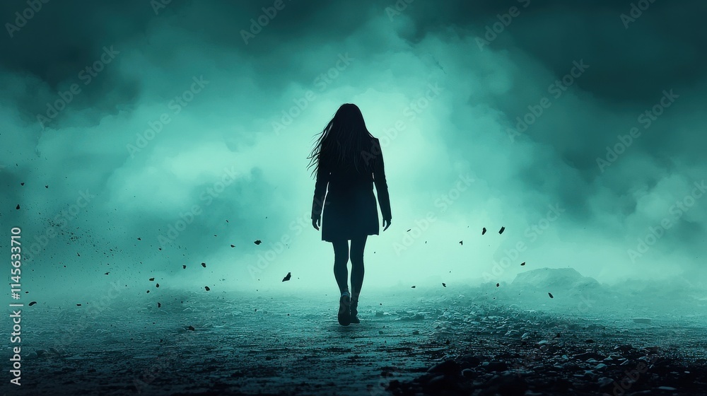Poster shadowy figure walking away into the fog abandoning the standard mystical landscape ethereal environ