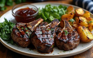 BBQ Ribs, White Plate, Dining Table Scene, Casual Meal Preparation for Culinary Advertisement