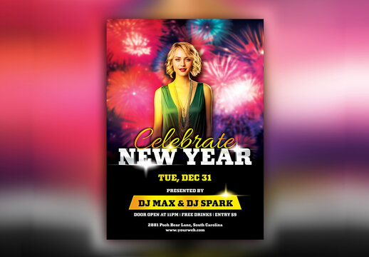 New Year Party Flyer or Poster Design with Blonde Woman Portrait Picture and Fireworks Background.