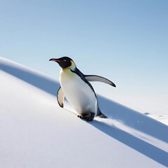 Obraz premium A single penguin sliding down a snowy slope, drawn with clean, flowing lines.
