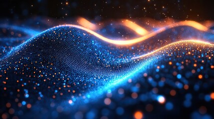 A futuristic blue sound wave with an abstract shape and curve represents cyber security and modern fiber connection with a dynamic network, coding, and texture design.