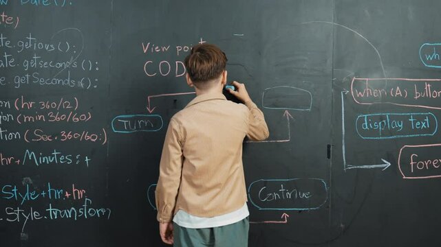 Back view of smart boy writing engineering prompt on blackboard. Attractive happy student planing a project by using coding and programing system in STEM technology classroom. Closeup. Erudition.