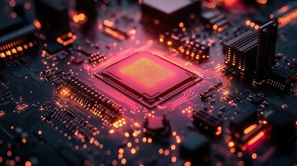 Obraz premium A futuristic circuit and hardware in a computer with a server symbolize cloud computing, cybersecurity, fast connection, IT innovation, neon technology, and motherboard system.