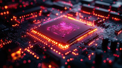 Obraz premium A futuristic circuit and hardware in a computer with a server symbolize cloud computing, cybersecurity, fast connection, IT innovation, neon technology, and motherboard system.