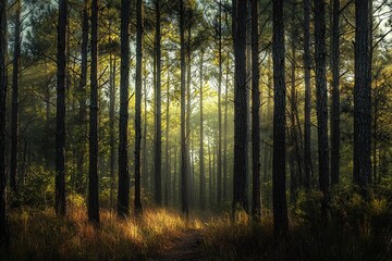 Naklejka premium Towering loblolly pines stand together, sun illuminating their distant sides