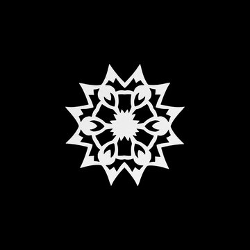 Sharp paper cut snowflake silhouette isolated on black background. Ornate hand carved star snowflake ornament for Christmas craft and winter holiday New Year decoration. Graphic stencil