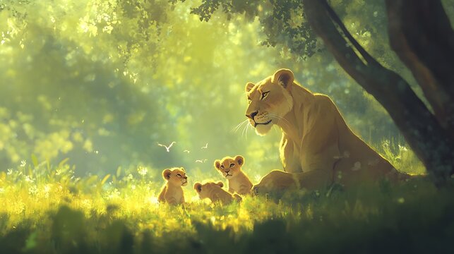 Lioness and Two Cubs Resting in Sunny Meadow