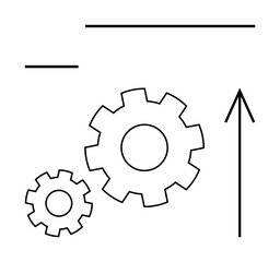 Two gears, one larger and one smaller, with a vertical arrow pointing upwards. Ideal for business growth, progress, improvement, efficiency, innovation strategy concepts. Line metaphor
