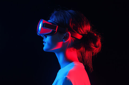 Young woman wearing Apple Vision Pro headset for augmented reality. Virtual reality goggles during VR experience. Close up studio