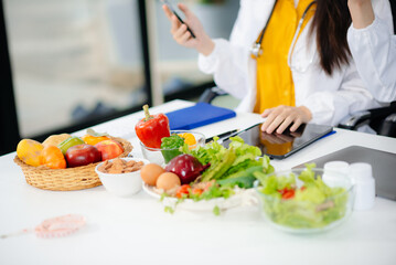 Doctors sharing fresh vegetables, promoting health and nutrition. Ideal for wellness, healthcare, and science themes.