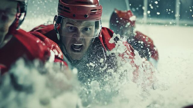 Intense hockey players focus on the puck as they battle on the ice during a competitive game in a rink