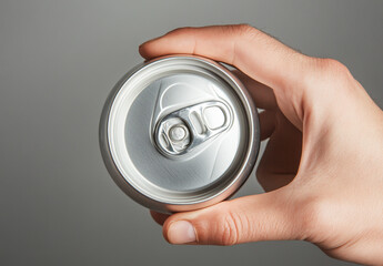 Hand holding a blank aluminum can mockup, white background