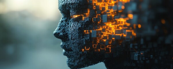 Closeup of a fragmented digital face formed by cubes, symbolizing artificial intelligence, with glowing elements and technological features