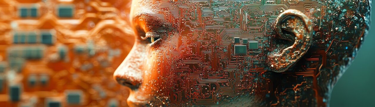 Closeup of a circuit board with a copperetched human head design, highlighting the connection between artificial intelligence and humanmachine integration