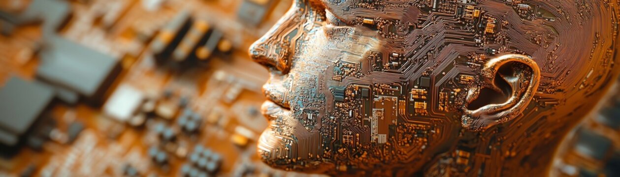 Closeup of a circuit board with a copperetched human head design, highlighting the connection between artificial intelligence and humanmachine integration