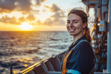 Fototapeta premium portrait of smiling female fifo worker, 30, on freighter ship, high vis vest, and ppe overlooking ocean at sunrise 