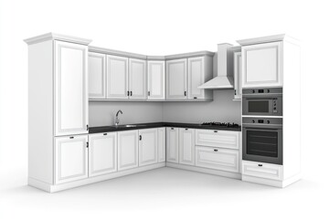 Fototapeta premium White corner kitchen with appliances and cabinetry.