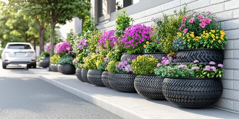 Fototapeta premium Colorful Flowers Planted in Repurposed Tires on City Street
