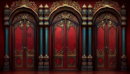 Obraz premium Ornate Red Doors With Intricate Gold And Teal Accents