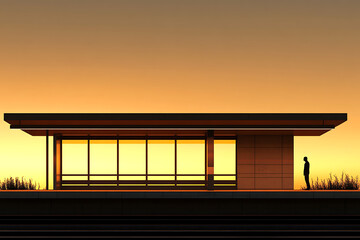 Twilight's golden hue envelops the modern train station