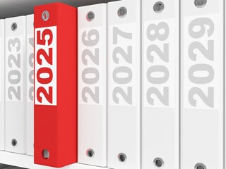 Office folders  on the shelves. New Year 2025 concept. 3d rendering