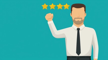 customer service support Businessman showing four stars with a confident expression on a turquoise background.