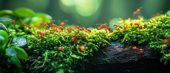 Macro shot of red ants building a living bridge over mossy branches, emphasizing teamwork, with clear focus on the ants and the lush moss textures