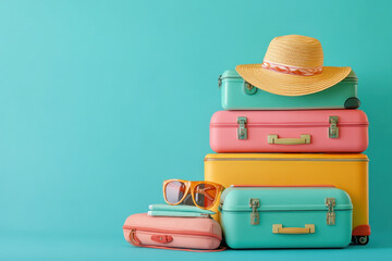 Stack of suitcases topped with colorful hats and sunglasses, ready for adventure and travel.