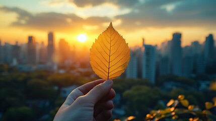 A hand holds a leaf against a city skyline, representing eco-friendly urban living and sustainability amidst skyscrapers and sunshine.